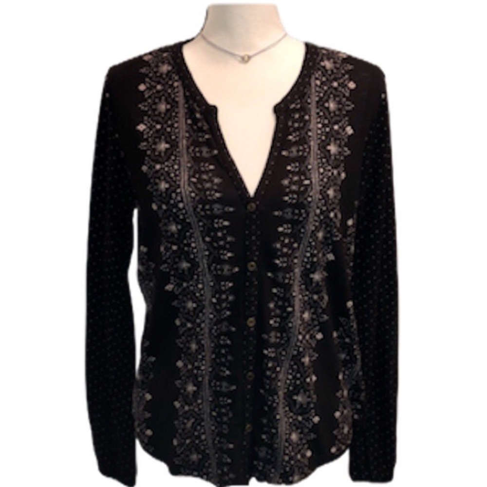 Lucky Brand Black Long Sleeve Floral & Dotted Top